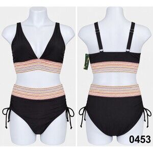 NWT Blooming Jelly Two-Piece Bikini, Black w/ a multicolored trim sz L - 0453